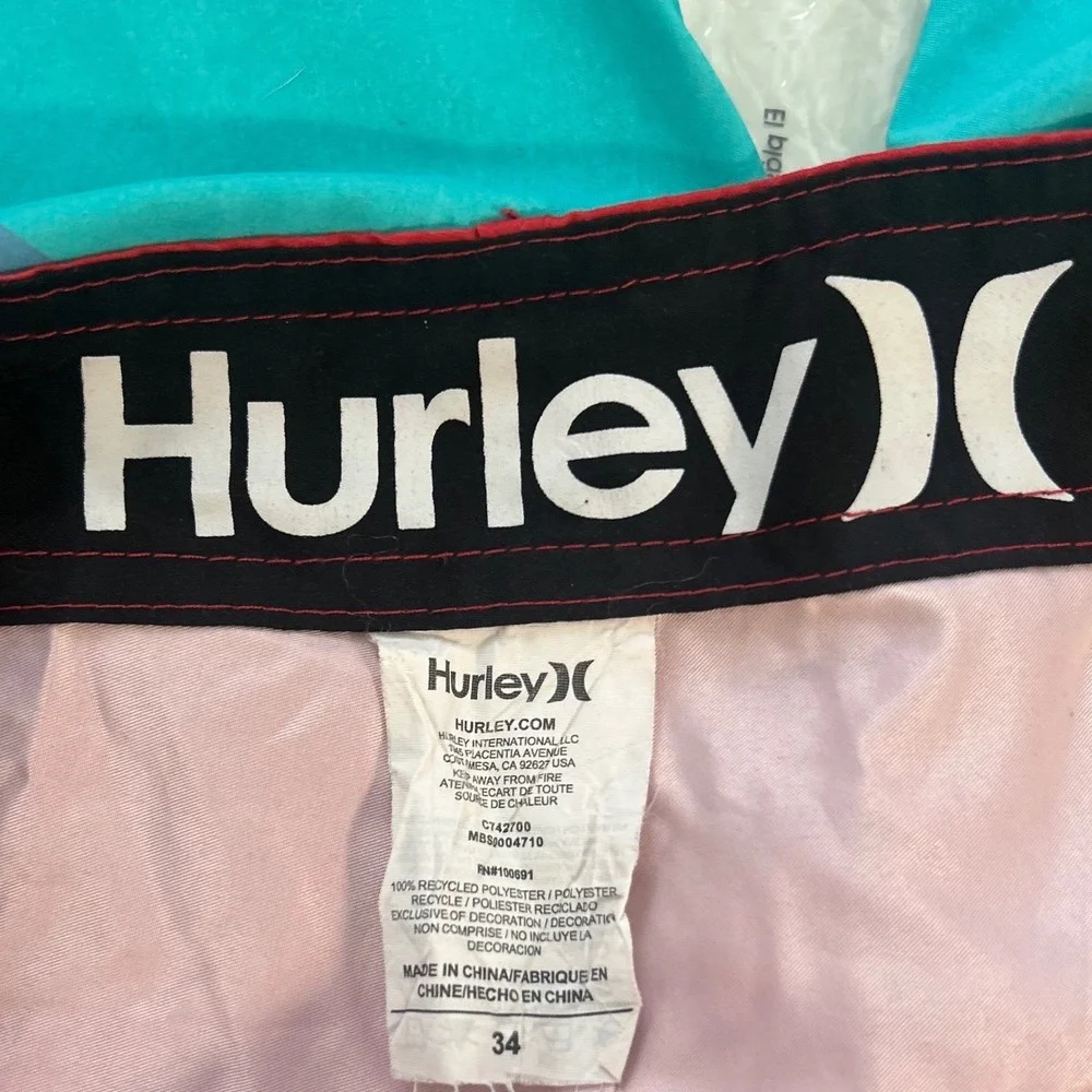 Hurley Mens Board Short Size 34 Red Teal Sunburst Striped Swim Trunks MBS0004710